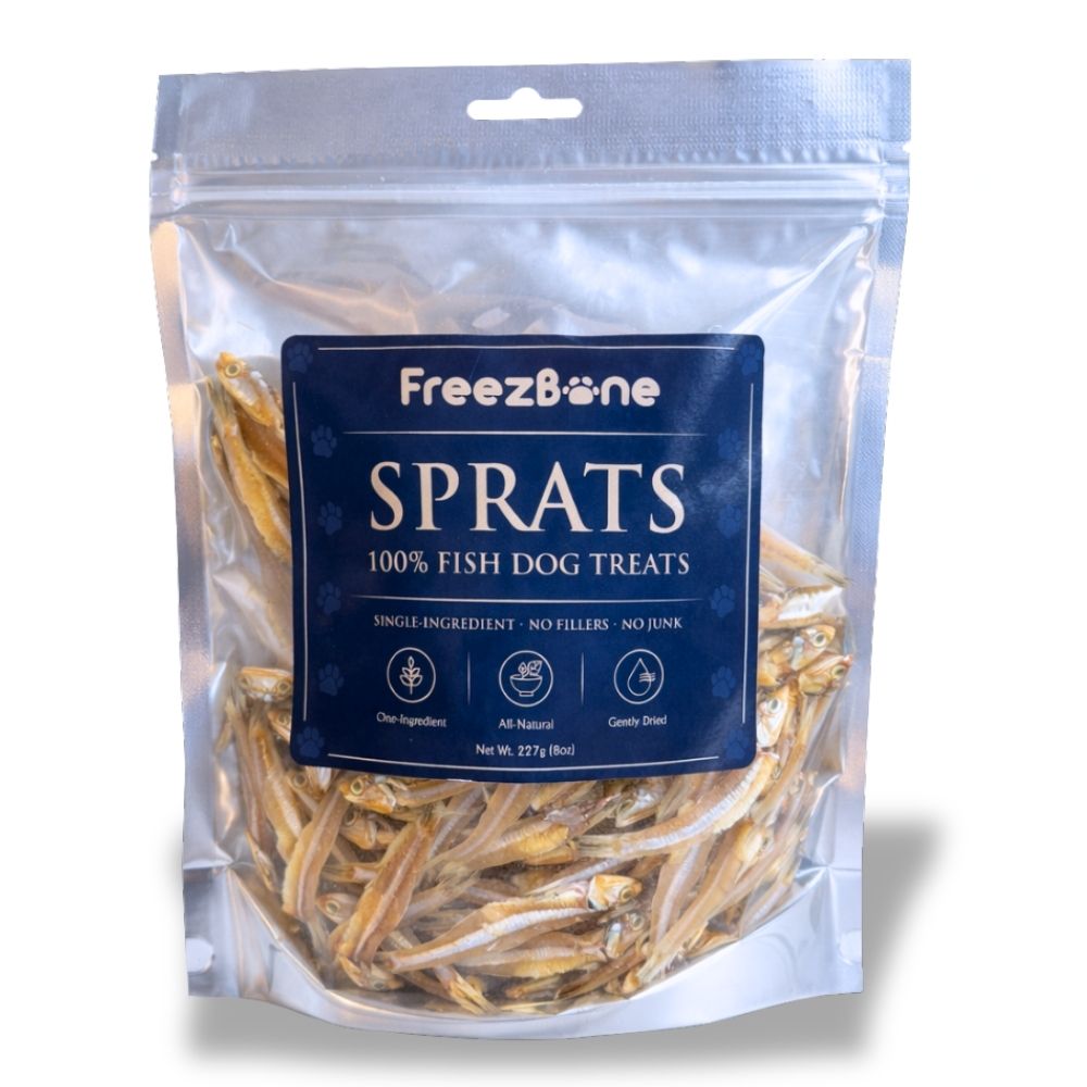 Freezbone Sprats Dog Treats - Single ingredient High Protein  (Value Size 8 oz) — healthy dog treats for German Shepherds