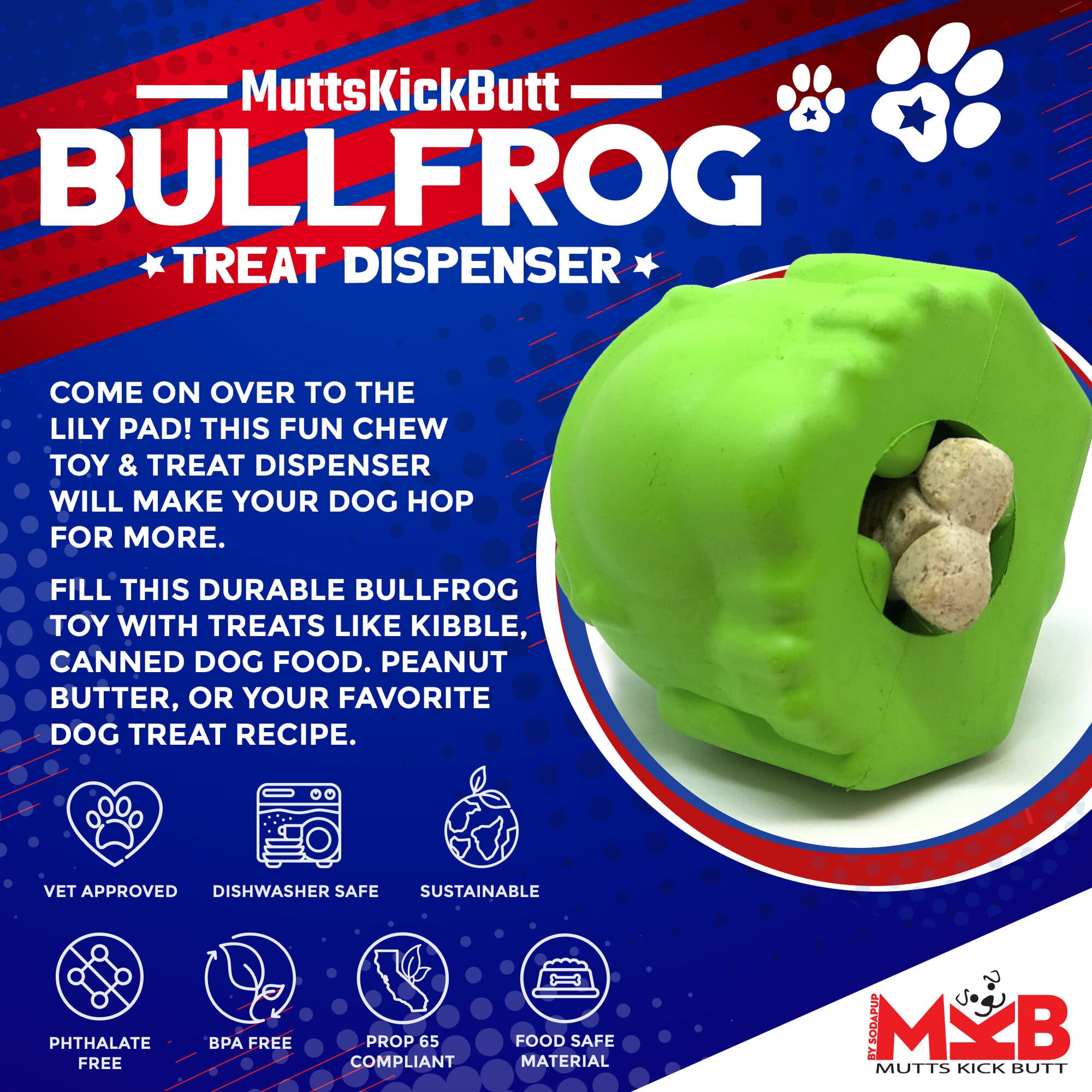 Bull Frog Dog Chew Toy & Treat Dispenser - USA Made | SodaPup