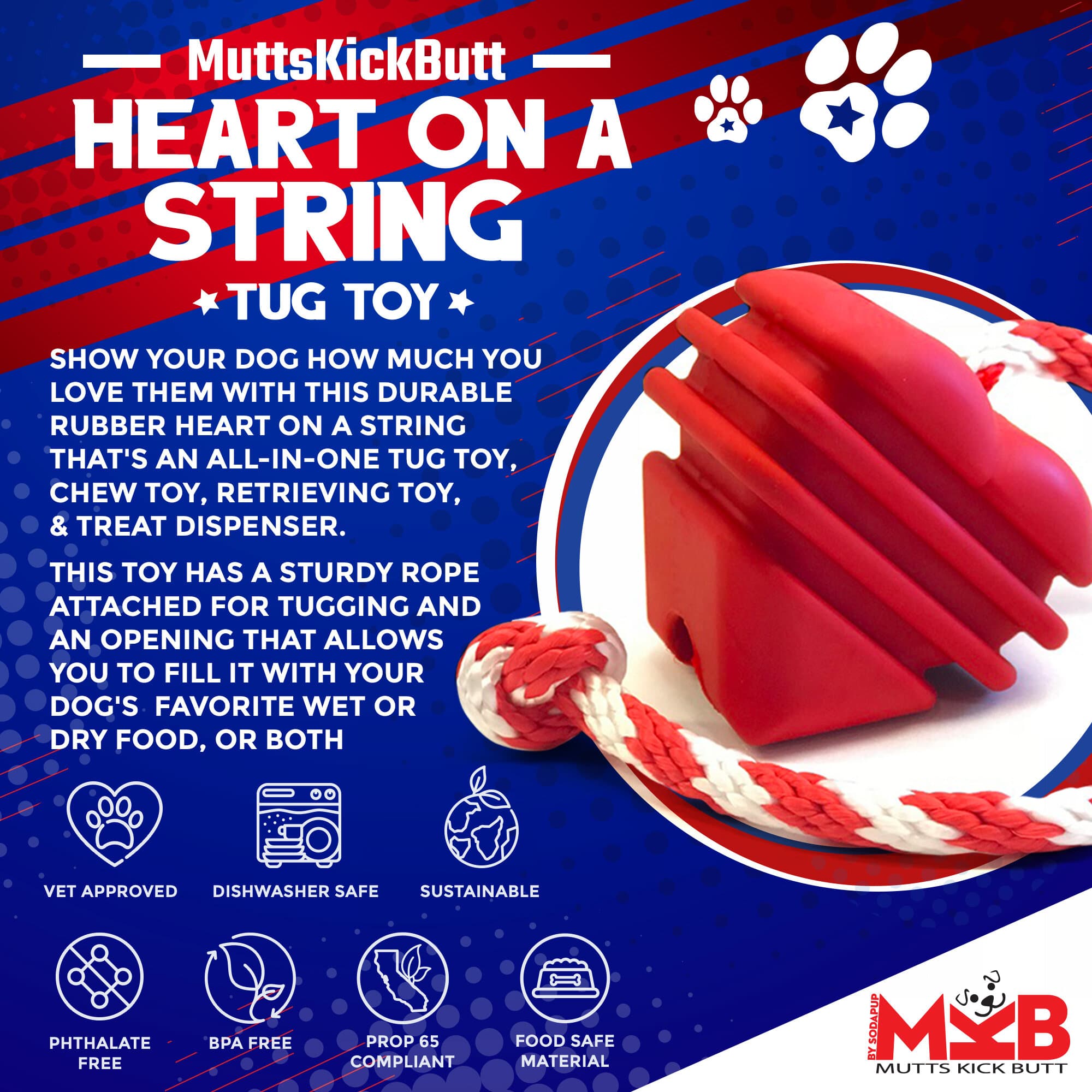 Heart on a String Dog Toy - Durable Rubber Tug Toy for Large Dogs | USA Made