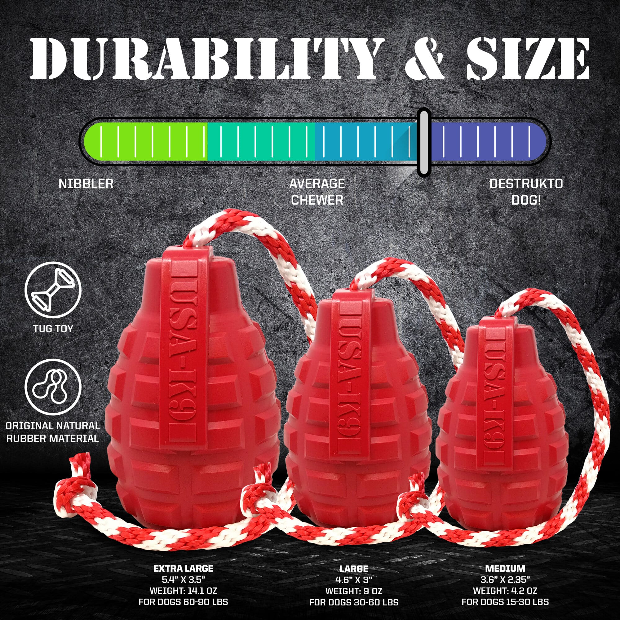 USA-K9 Grenade Shaped Durable Rubber Chew Toy, Treat Dispenser, Reward Toy, Tug Toy, and Retrieving Toy