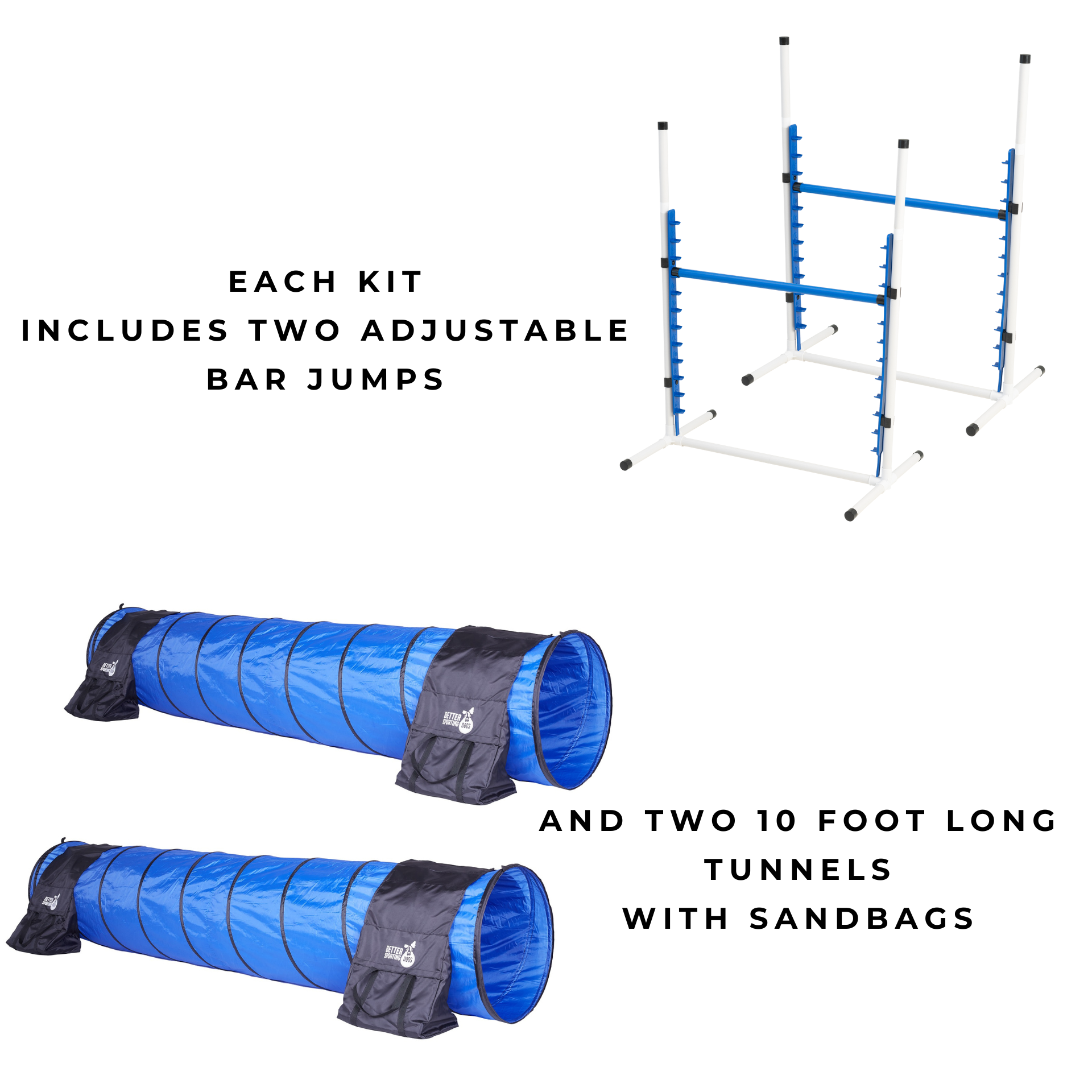 Better Sporting Dogs Upgraded Dog Agility Set – 7 Piece Training Kit with Safety Breakaway Tire Jump, Displacement Bar Jumps, Tunnels, Weave Poles & Pause Box