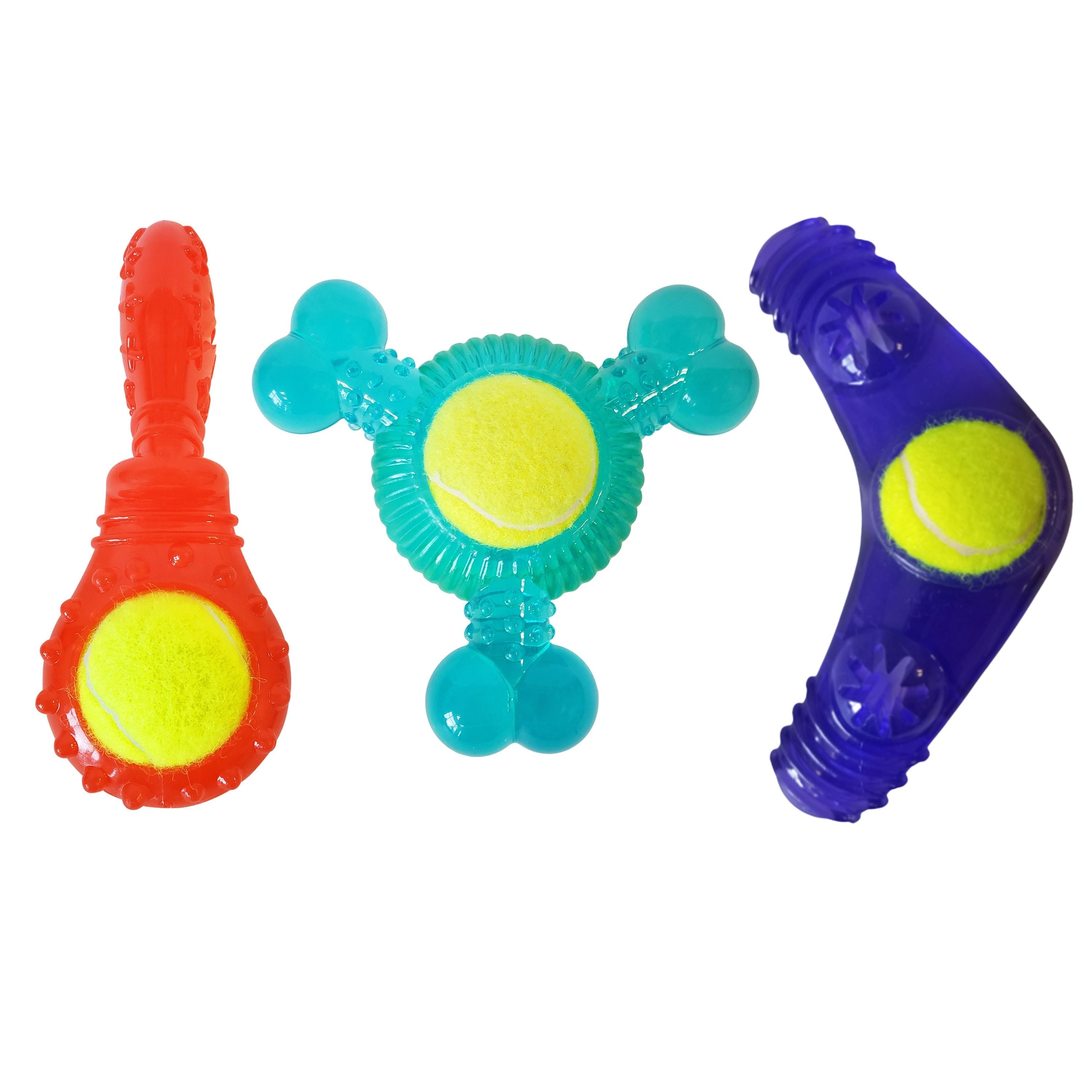 Tennis Ball Dog Toy Variety Pack (Boomerang, 3-Bone Squeaker, — durable dog toy for German Shepherds and large breeds